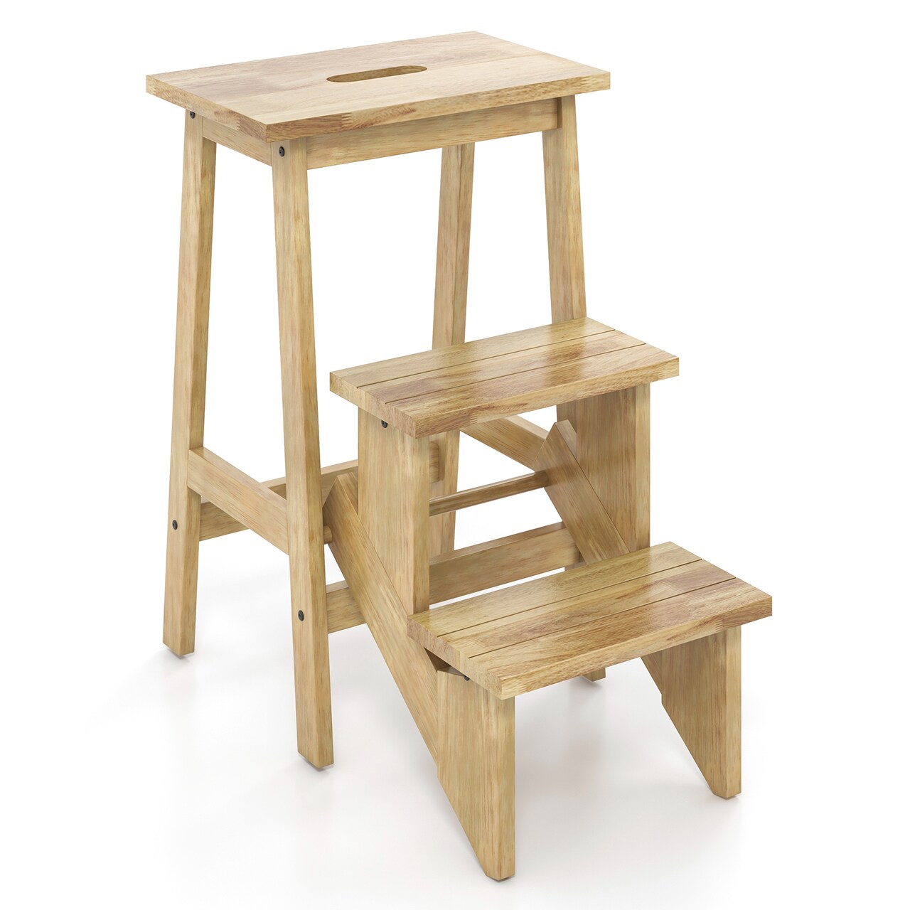 Natural Rubber Wood 3-in-1 Step Ladder, Stool and Plant Stand with Anti-Slip Pedals